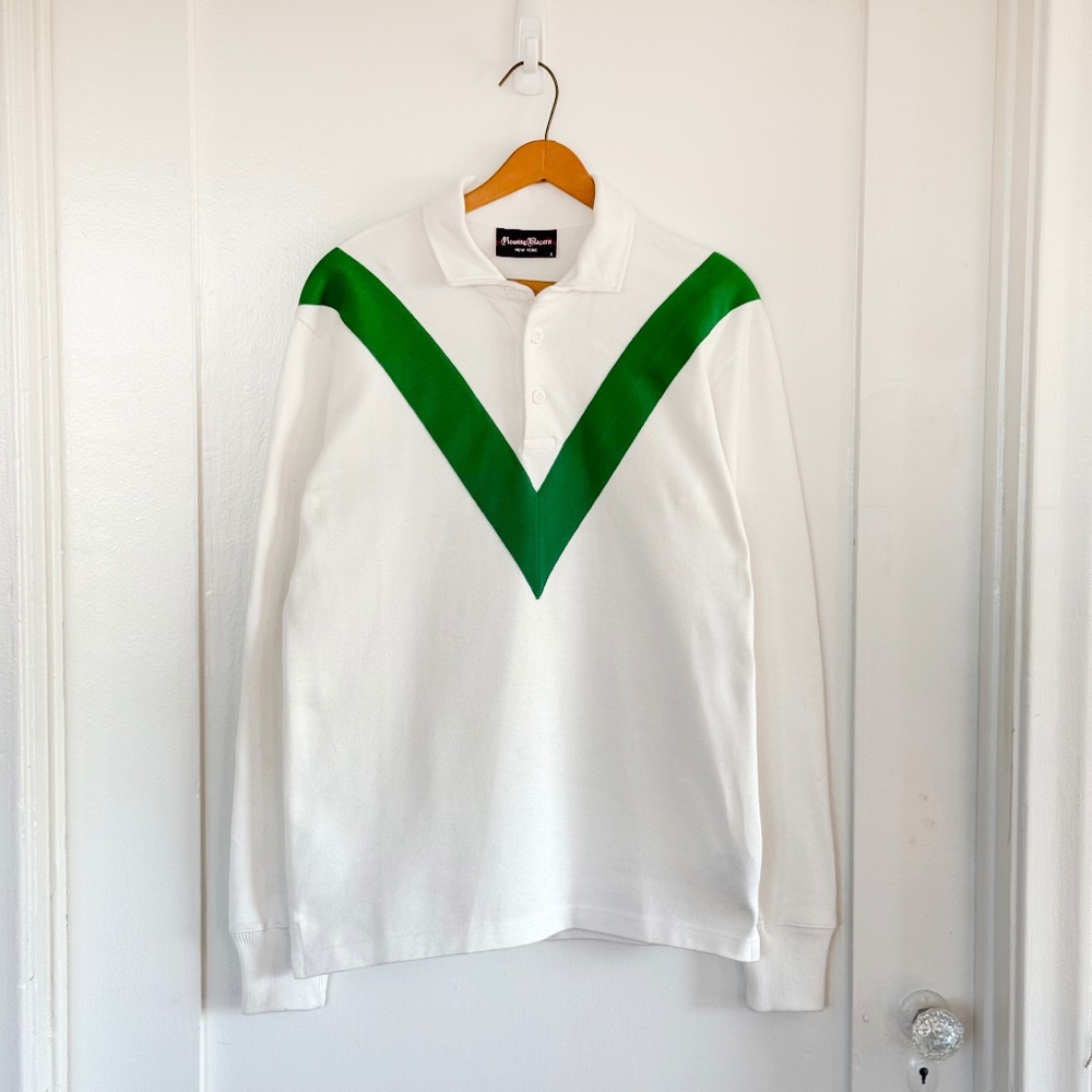 Rowing Blazers Rugby Shirt – White/Green V Stripe – Size Small
